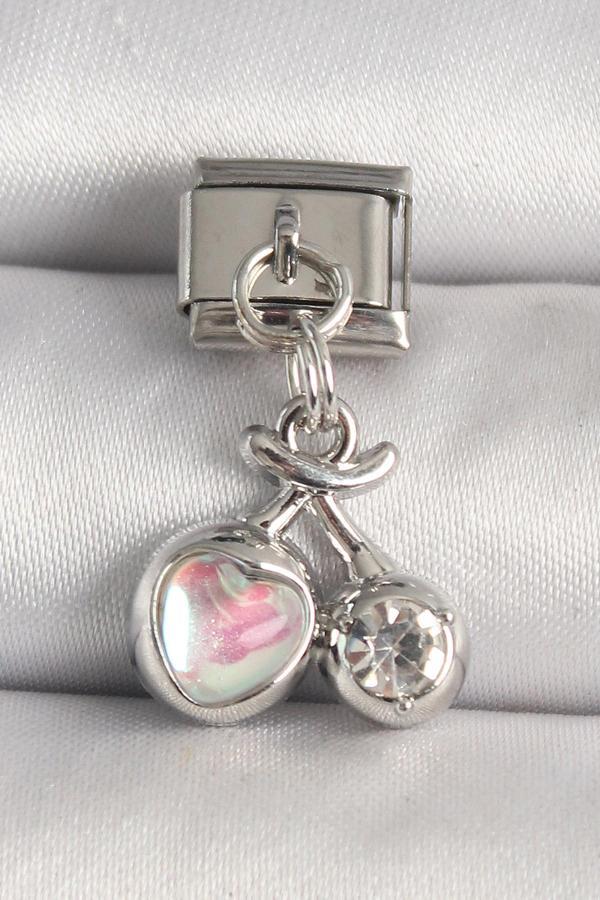 316L Çelik Gümüş Renk Pembe Mineli Kalp Zirkon Taş Detay Nomination Charm - TJ-BC1240 - Image 1