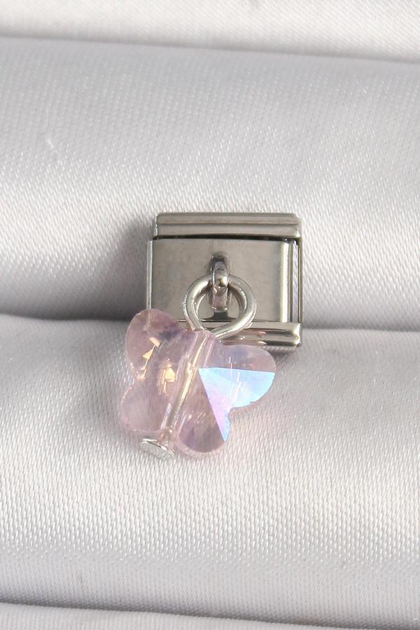 316L Çelik Gümüş Renk Pembe Zirkon Taşlı Kelebek Model Nomination Charm - TJ-BC1319 - Image 1
