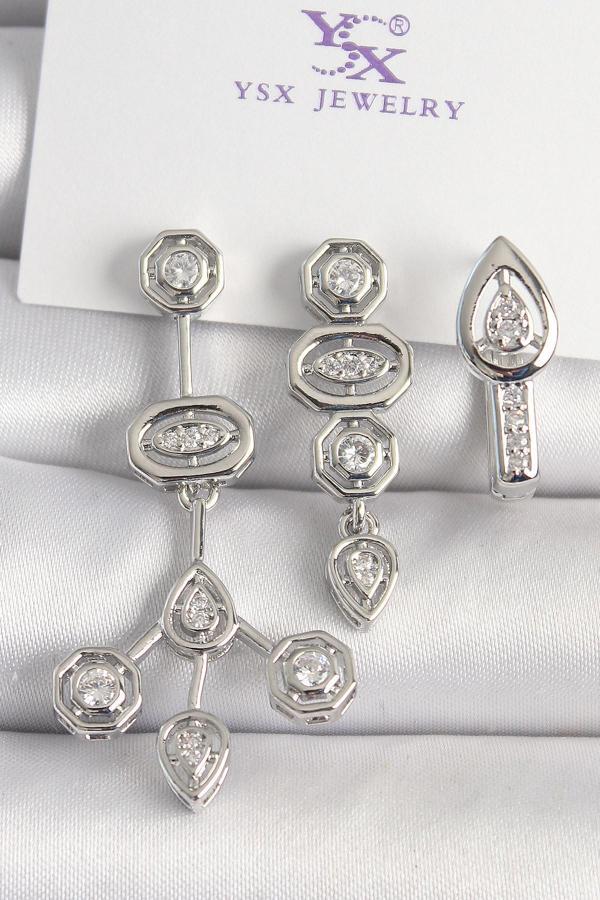 Pirinç Gümüş Renk Zirkon Taşlı Geometrik Model 3'Lü Kadın Kombin Küpe - TJ-BKP10434 - Image 1