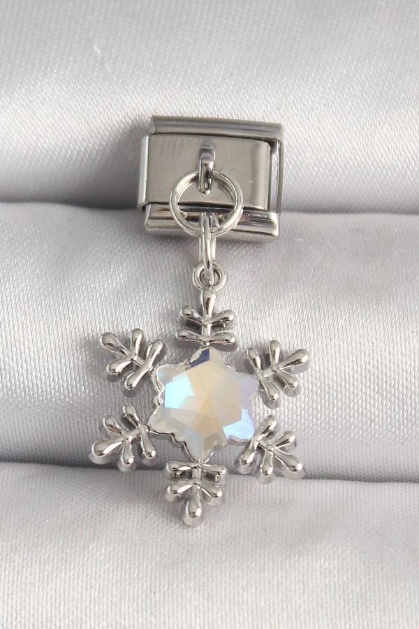 316L Çelik Gümüş Renk Zirkon Taşlı Kar Tanesi Model Nomination Charm - TJ-BC1271 - Image 1
