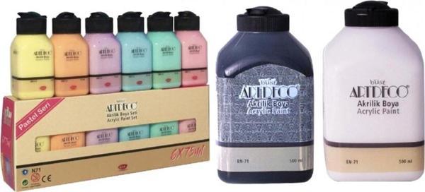 Artdeco Akrilik Boya 6x75ml Pastel Renkler 500ml Beyaz 500ml Siyah - Image 1