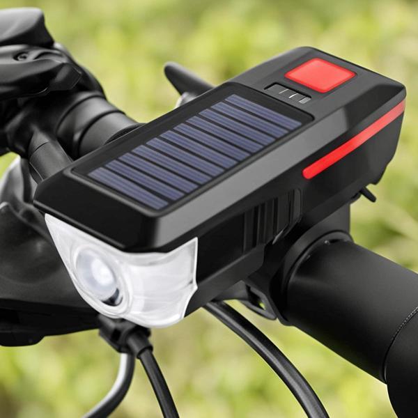 Güneş Enerjili USB Şarjlı LED Bisiklet Feneri 120dB Korna Su Geçirmez Ön Far Işığı - Image 1