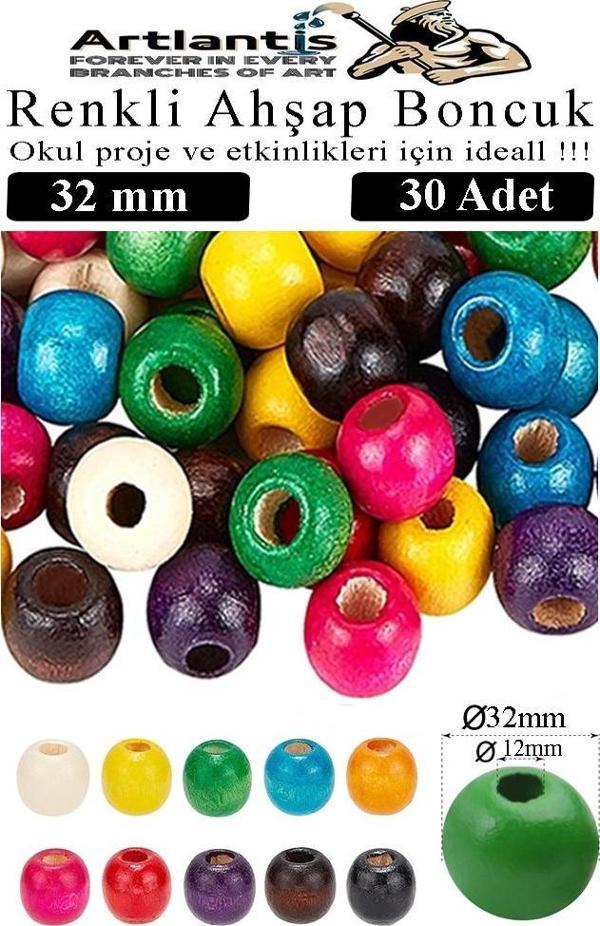 Renkli Ahşap Boncuk 32mm 30 lu 1 Paket Renkli Ahşap Boyalı Yuvarlak Doğal Boncuklar Saç Takı Tasarım Ektinlik Kreş Okul - Image 1