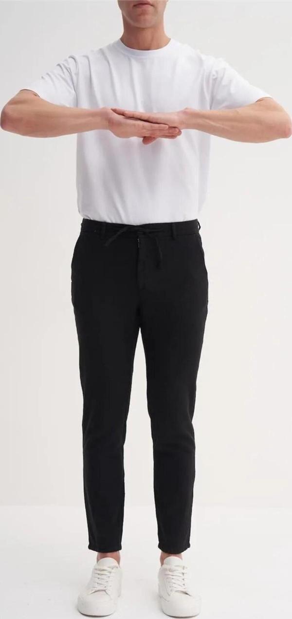 Cazador Erkek Keten Pantolon Düz Paça Siyah Pantolon - Image 1