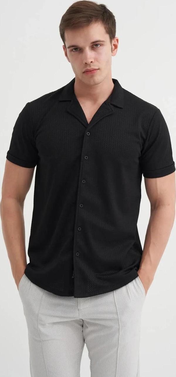 Cazador Regular Fit Örme Zigzag Dokulu Kısa Kol Gömlek - Image 1