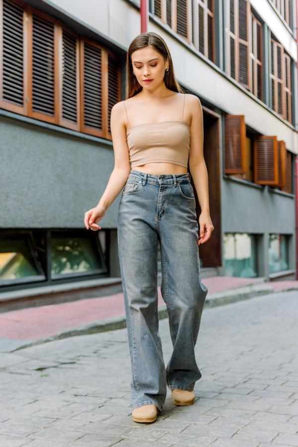 üksek Bel, Esnek Denim Kumaş Geniş Paça Palazzo Kadın Kot Jean Pantolon @Cesena - Image 1