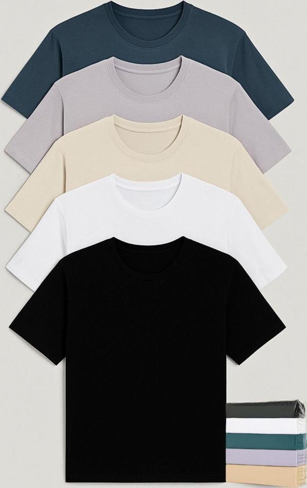 Erkek Regular Fit-5'li Basic Tişört-siyah-beyaz-petrol-lila-bej-%100 Pamuk-bisiklet Yaka 30/1 - Image 1