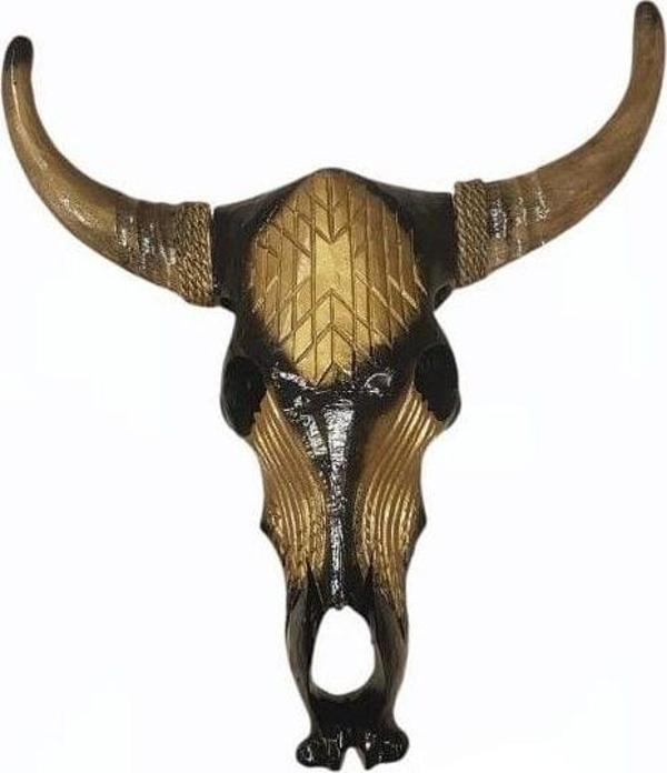 Otantik Çarşı Ahşap Buffalo Kafatası Altın-Siyah 45x55 cm. - Image 1