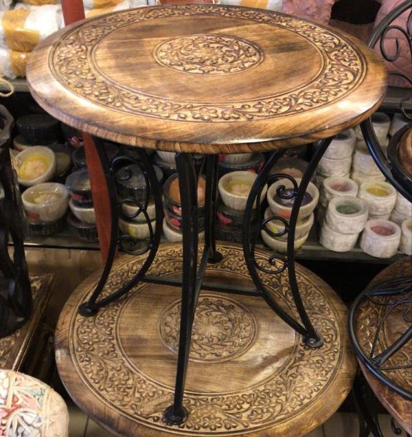 Eskitme Ahşap Ferforje Yuvarlak  Sehpa 53x53x55 cm. - Image 1