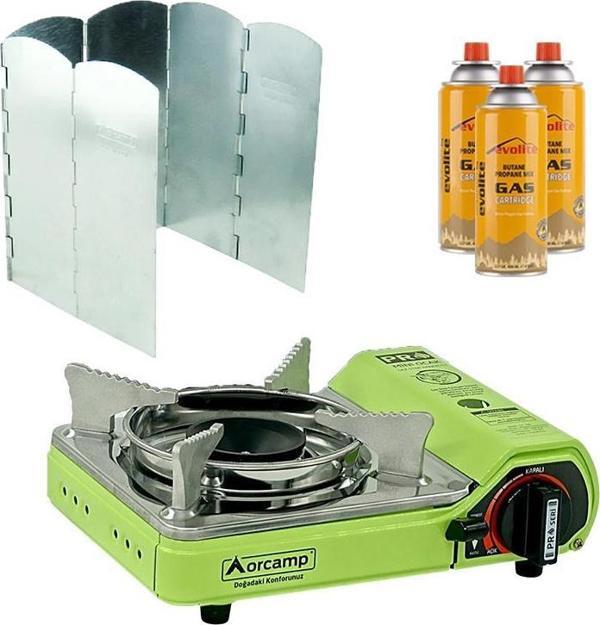 Orcamp Mini Portatif Kamp Ocağı Yeşil + 6 Kanatlı Rüzgarlık + 3 Evolite 227 gr Gaz Kartuşu EVO-006-E2 - Image 1