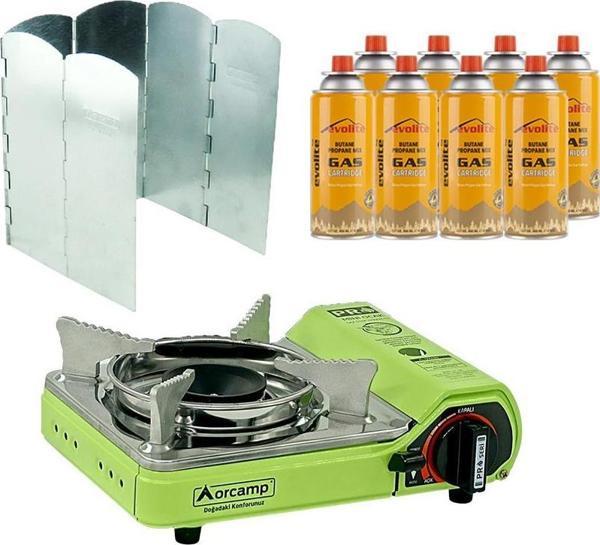 Orcamp Mini Portatif Kamp Ocağı Yeşil + 6 Kanatlı Rüzgarlık + 8 Evolite 227 gr Gaz Kartuşu EVO-006-E7 - Image 1