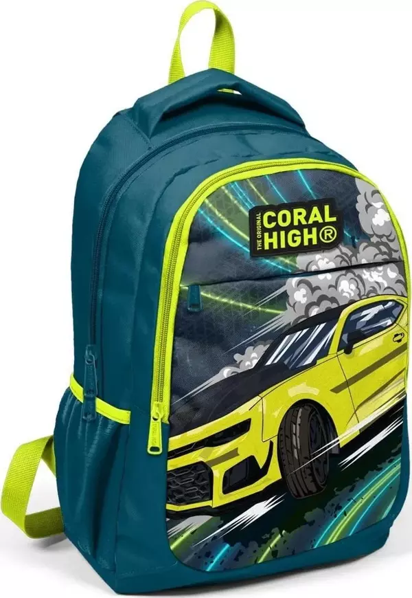 Coral High Kids Nefti Fosforlu Sarı Araba Desenli Üç Bölmeli Okul Sırt Çantası - Image 1