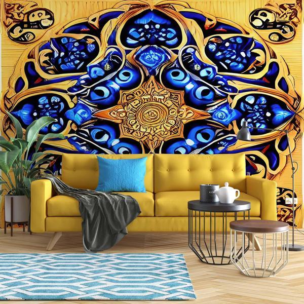 Sarı Lacivert Mandala Desenli Duvar Kağıdı - Image 1