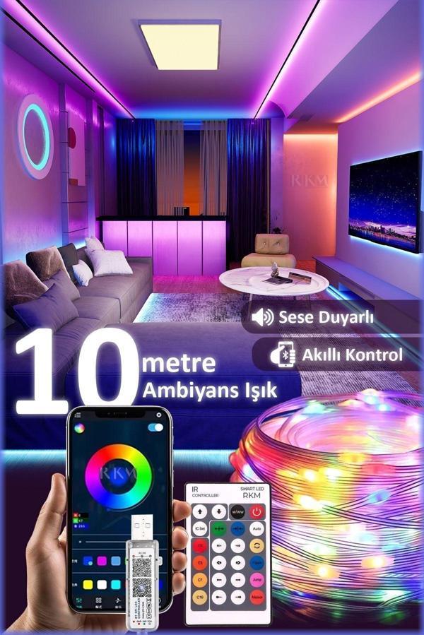 Rkmstore Smart Led 10 Metre Yeni Nesil Sese Duyarlı Kumandalı Bluetooth Ile Telefona Bağlanabilir Şerit Led - Image 1