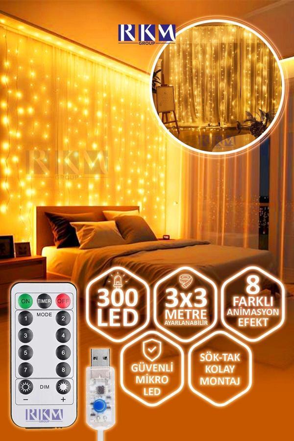 Rkmstore Dekoratif Perde Led 3X3 Gün Işığı Peri Led 300 Ledli 3Mx3M Kumandalı 8 Modlu Usb'Li Süsleme Ledi - Image 1