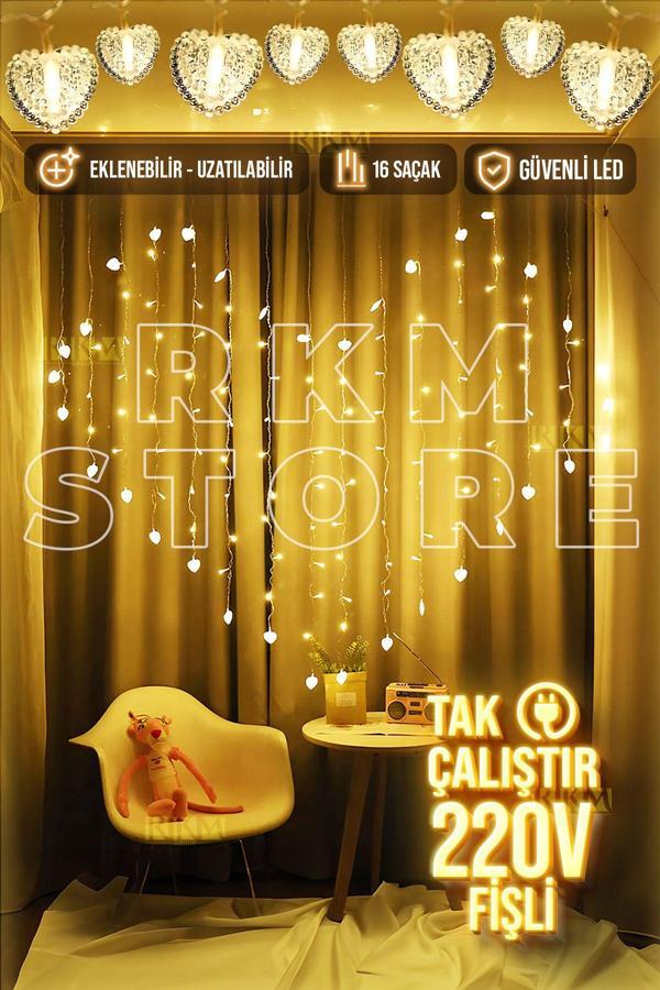 Rkmstore Kalp Şeklinde Gün Işığı Perde Led Sevgililer Günü Romantik Fon Perde Led 16 Sarkıt Eklemeli - Image 1