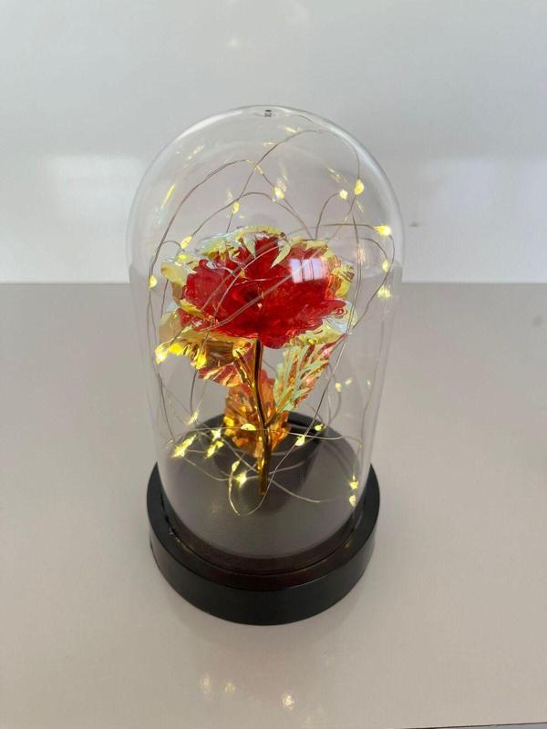 Rkmstore Özel Günler İçin Hediyelik Dekoratif Solmayan Sonsuzluk Kırmızı Güllü Ledli Işıklı Siyah Fanus - Image 1