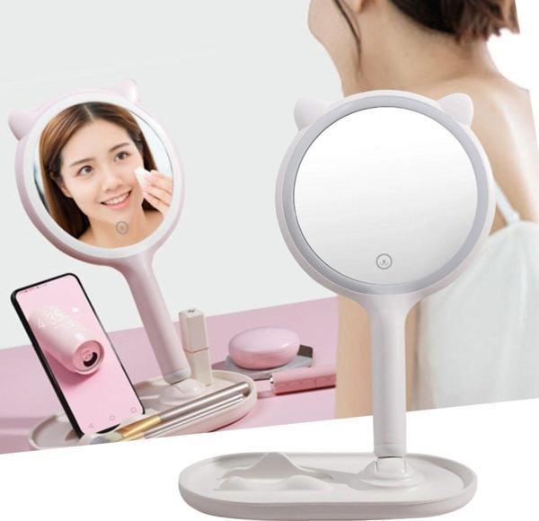 Büro Ev Dekoru için Kedi Kulaklı Telefon Standlı Dokunmatik Led Ayarlı Makyaj Masa Aynası - Image 1