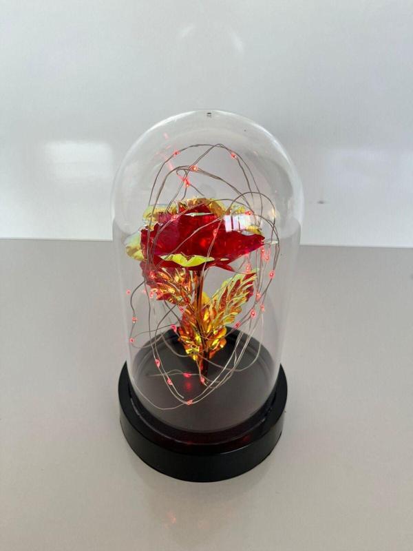 Rkmstore Özel Günler İçin Hediyelik Dekoratif Solmayan Sonsuzluk Kırmızı Güllü Ledli Işıklı Siyah Fanus - Image 1
