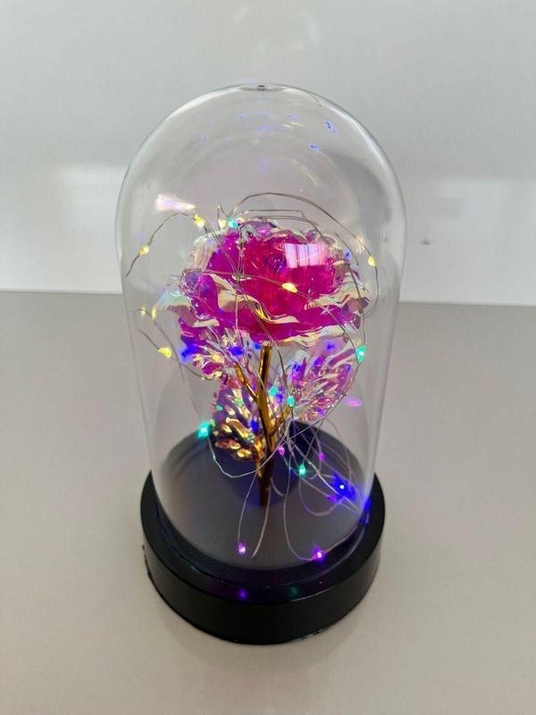 Rkmstore Özel Günler İçin Hediyelik Dekoratif Solmayan Sonsuzluk Pembe Güllü Renkli Ledli Işıklı Siyah Fanus - Image 1