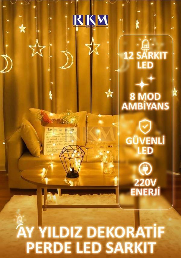 Rkmstore Dekoratif 8 Fonksiyonlu Ay Yıldız Perde Led Gün Işığı Ramazan Süsleme Işık Hilal Yıldız 12 Saçak Led - Image 1