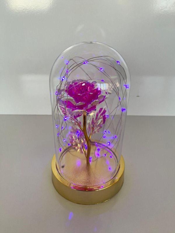 Rkmstore Özel Günler İçin Hediyelik Dekoratif Solmayan Sonsuzluk Pembe Güllü Işıklı Ledli Işıklı Gold Fanus - Image 1