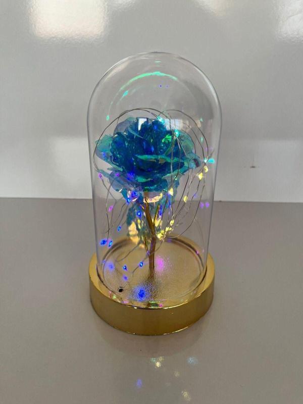 Rkmstore Özel Günler İçin Hediyelik Dekoratif Mavi Solmayan Sonsuzluk Güllü Ledli Işıklı Gold Fanus - Image 1