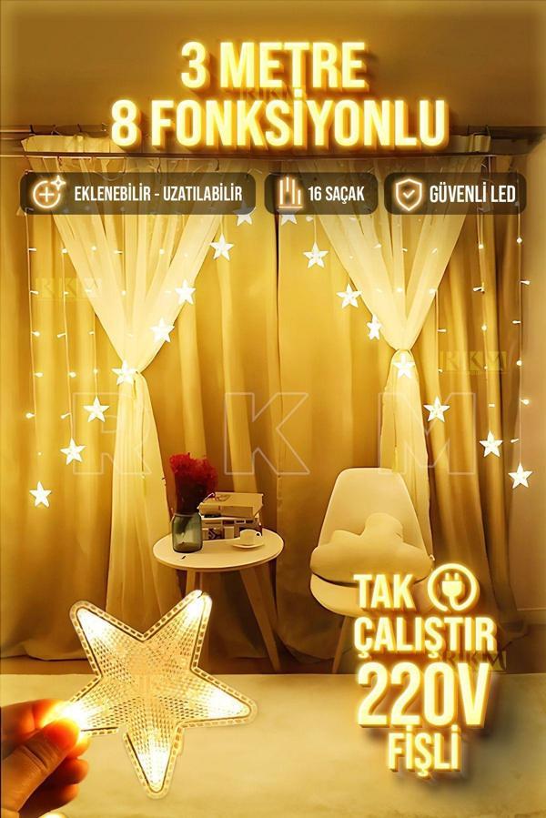 Rkmstore Yıldız Desenli Çapraz Sarkıt Şeklinde Led Dekoratif 8 Fonksiyonlu - Image 1