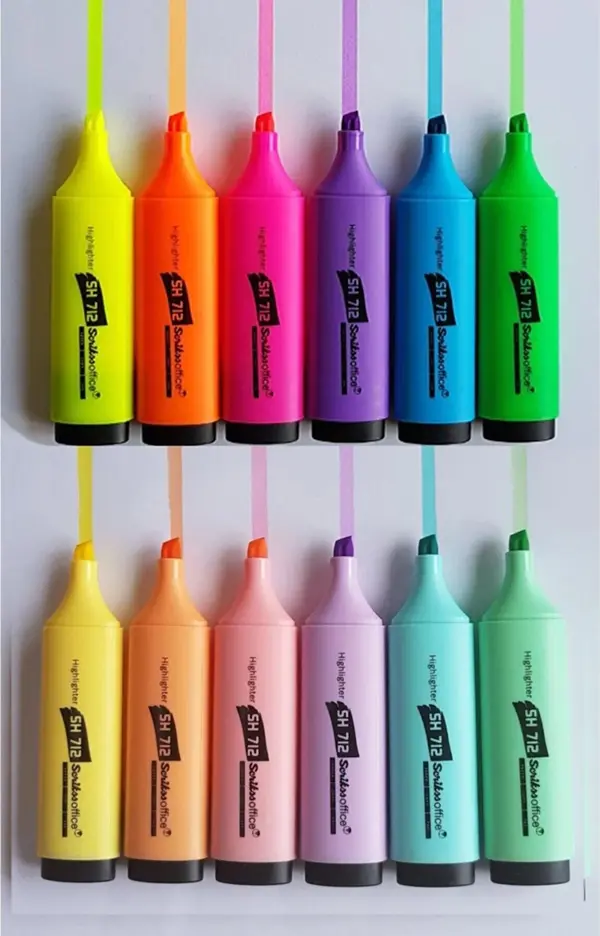 Scrikss 6 Pastel 6 Canlı Renk Fosforlu Kalem Seti 12'li İşaretleme Kalem Set - Image 1