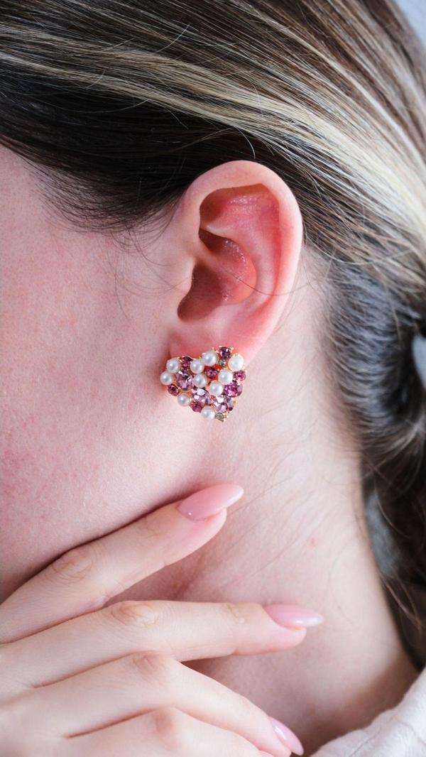 Mor Zirkon Taşlı Ve İncili Kalp Küpe - Image 1