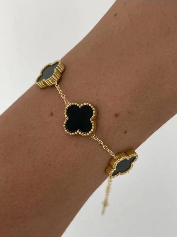 Gold Siyah Doğal Taşlı Van Cleef Premium Çelik Bileklik - Image 1