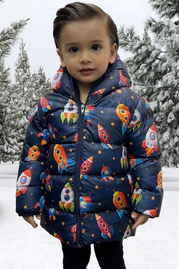 Erkek Çocuk Polarlı Kürklü Kapüşonlu Roket Desenli Kışlık Şişme Mont Kaban Parka - Image 1