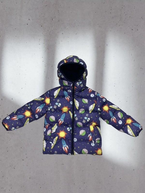 Erkek Çocuk Polarlı Kapüşonlu Ufo Desenli Kışlık Şişme Mont & Kaban & Parka - Image 1