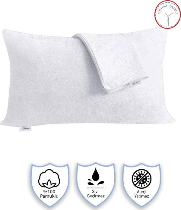 2 Adet Sıvı Su Geçirmez Terletmez %100 Pamuk Yastık Alezi Fermuarlı Akfil 63 Tel Dokuma %100 Pamuk 50x70 Cm Beyaz  - Image 1