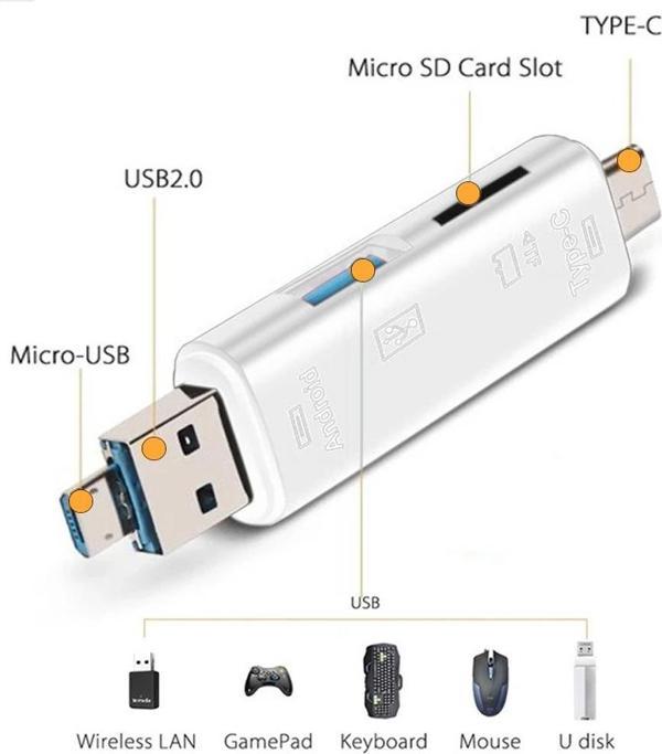 Shaza 5in1 Telefon ve Bilgisayar USB Type C Micro Kart Okuyucu OTG Beyaz - Image 1