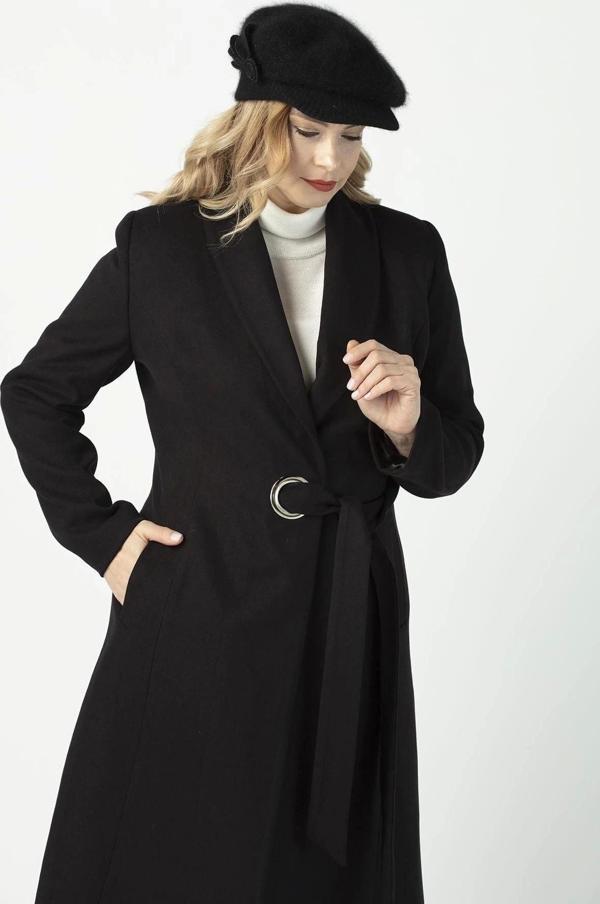 932 Siyah Kadın Şal Yaka Kuşaklı Toka Detaylı Büyük Beden Kaşe Kaban - Image 1