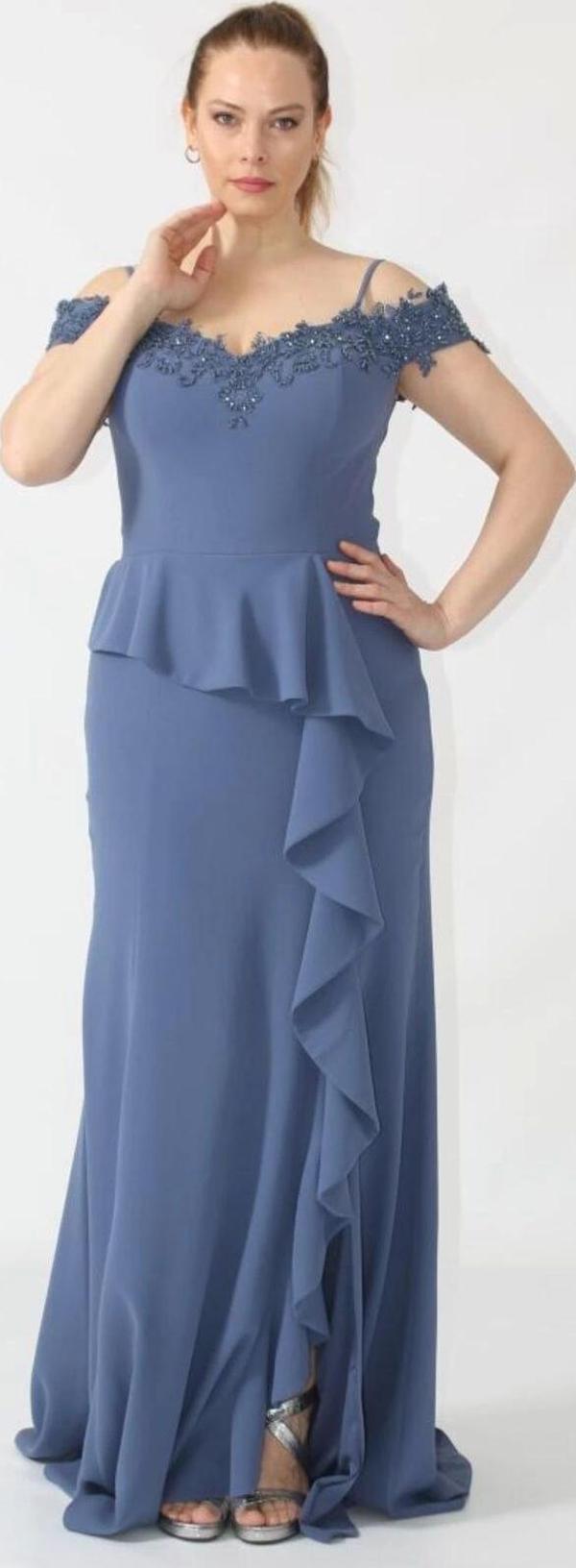 2401 İndigo Göğsü Aplik İşlemeli Eteği Volanlı Uzun Abiye - Image 1