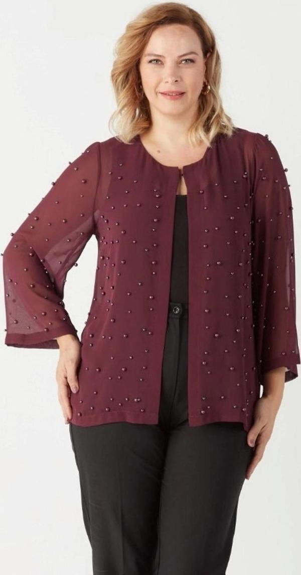 1951 Mürdüm Inci Ve Taş Baskılı Şifon Büyük Beden Şık Ceket - Image 1