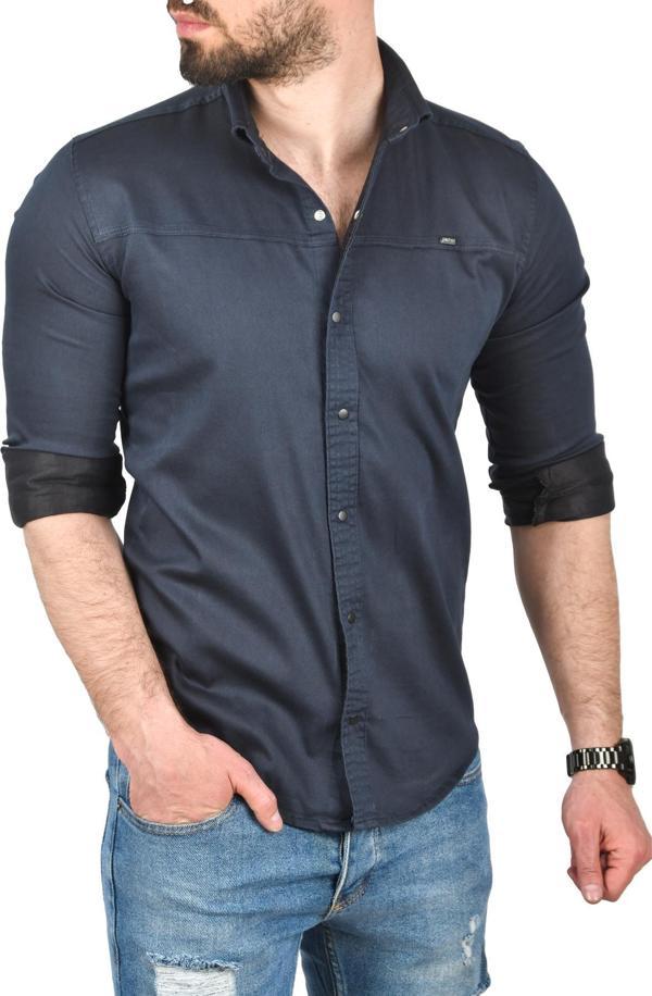 DeepSEA Erkek Lacivert Slim Fit Pamuklu Kot Gömlek Kolay Ütülenebilir Çıt Çıtlı Likralı Spor Gömlek 2502504 - Image 1