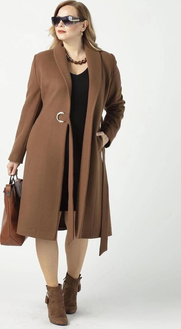 932 Kadın Camel Şal Yaka Kuşaklı Toka Detaylı Büyük Beden Kaşe Kaban - Image 1