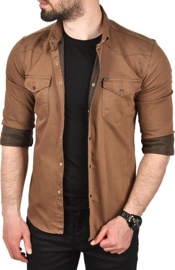 DeepSEA Erkek Kahve Slim Fit Pamuklu Cepli Kot Gömlek Çıtçıtlı Uzun Kollu Spor Gömlek 2502503 - Image 1