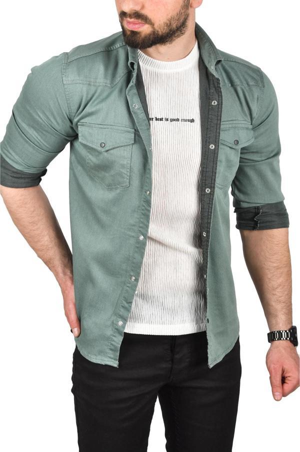 DeepSEA Erkek Yeşil Slim Fit Pamuklu Cepli Kot Gömlek Çıtçıtlı Uzun Kollu Spor Gömlek 2502503 - Image 1