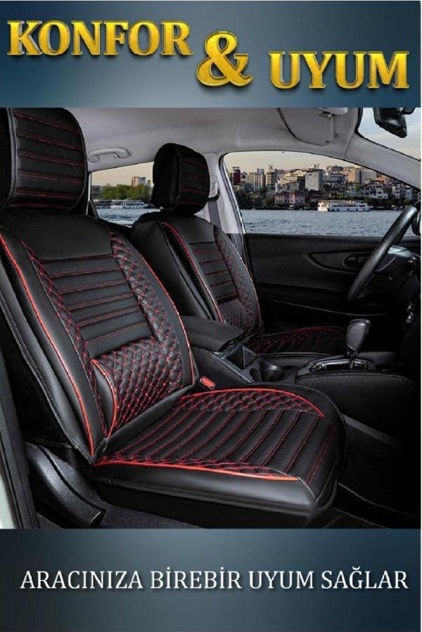 Fiat Doblo 2005-2009 2+1 Parçalı Lüx Deri Oto Koltuk Kılıfı Ön Arka Takım Safir SİYAH KIRMIZI - Image 1