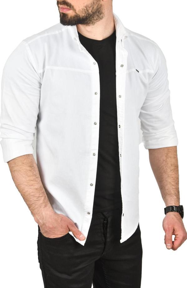 DeepSEA Erkek Beyaz Slim Fit Pamuklu Kot Gömlek Kolay Ütülenebilir Çıt Çıtlı Likralı Spor Gömlek 2502504 - Image 1