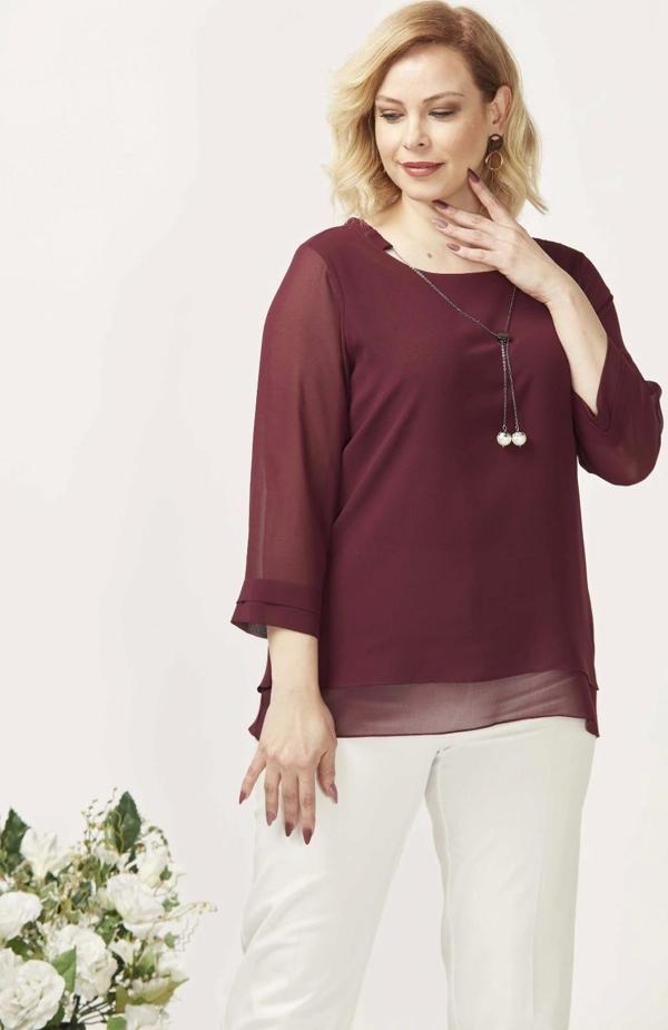 1934 Kolyeli Şifon Büyük Beden Şık Bluz Bordo - Image 1