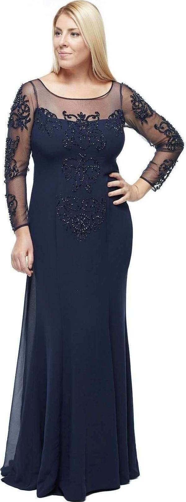 8028 Uzun Kollu Arkası Şifon Kuyruklu Abiye Elbise Lacivert - Image 1