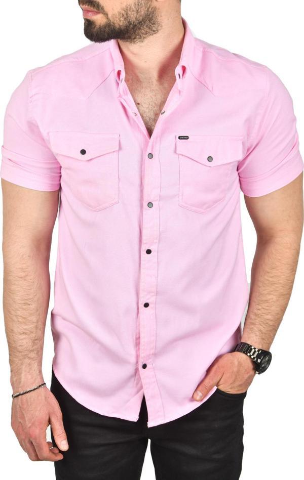 DeepSEA Erkek Pembe Slim Fit Pamuklu Likralı Kısa Kol Gömlek Kolay Ütülenebilir Çıt Çıtlı Cepli Spor Gömlek 2400253 - Image 1