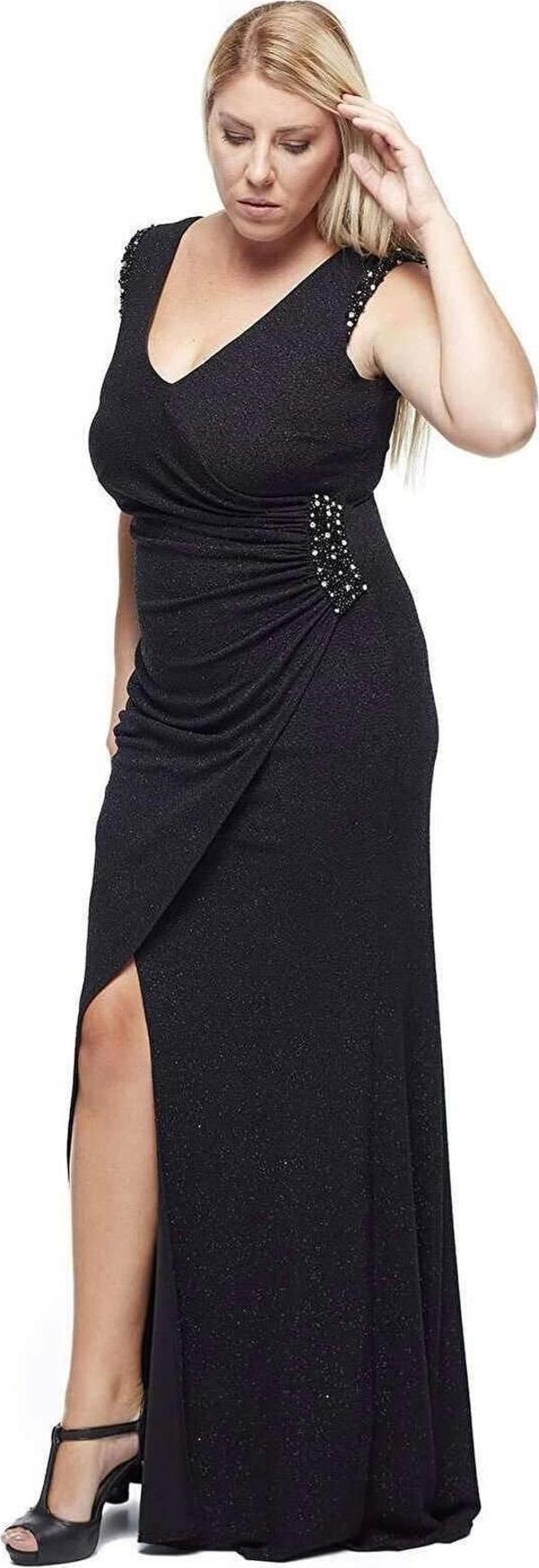 8004 Omuz - Bel Işleme Kruvaze Abiye Elbise Siyah - Image 1