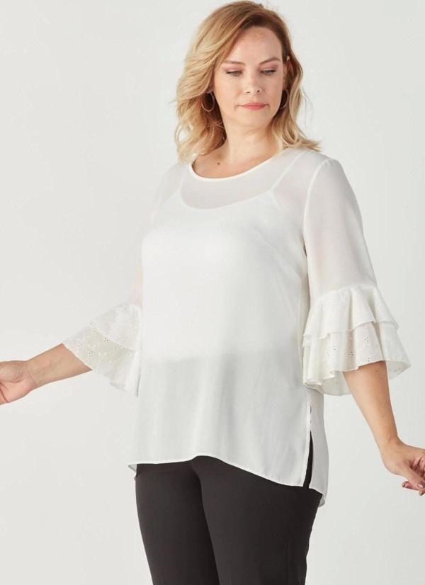 3206 Kolları Fisto Detaylı Büyük Beden Şık Bluz Beyaz - Image 1