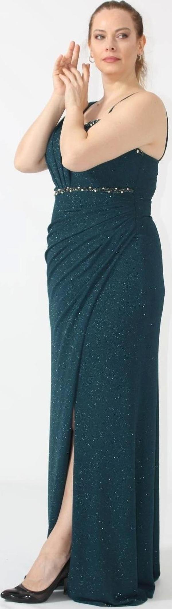 2402 Tek Omuzu Kalın Simli Kumaş Beli İşlemeli Yırtmaçlı Abiye - Image 1